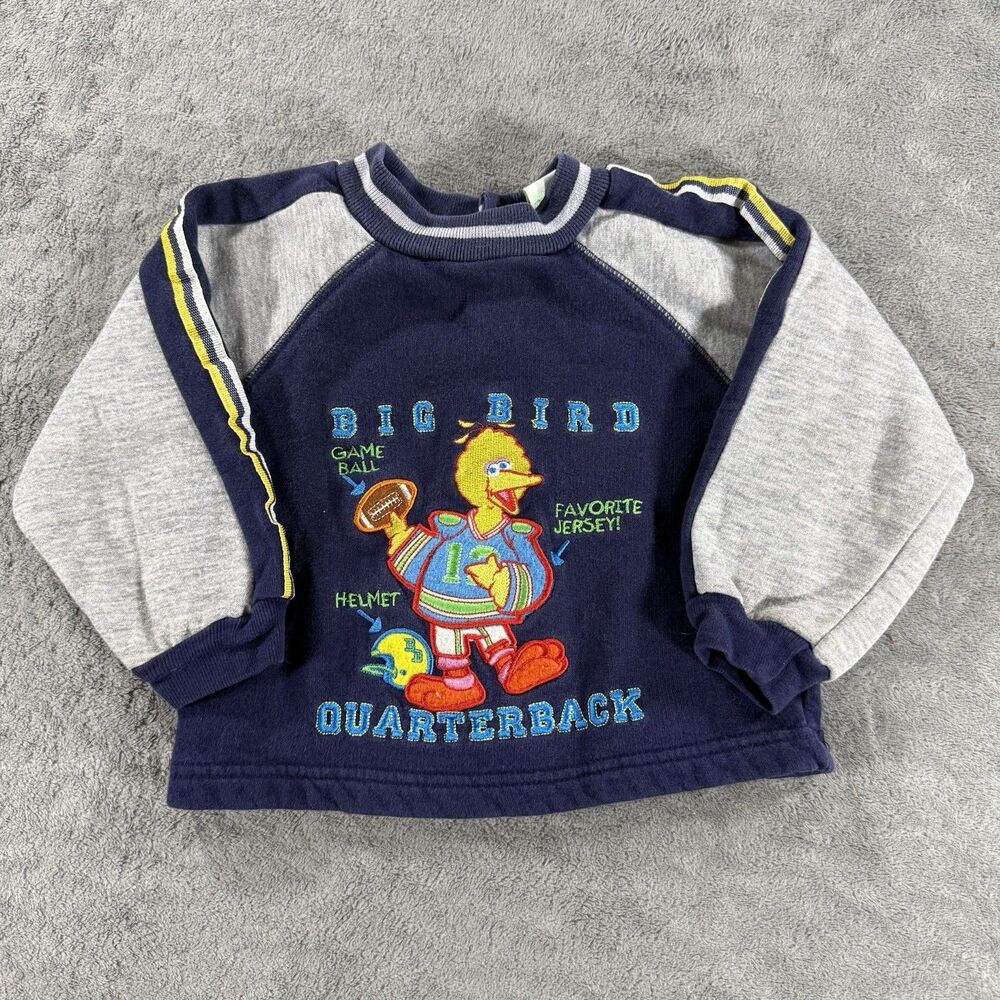 VTG 90 Sesame Street Big Bird Quarterback Embroidered Crewneck Long Sleeve 18 Mo